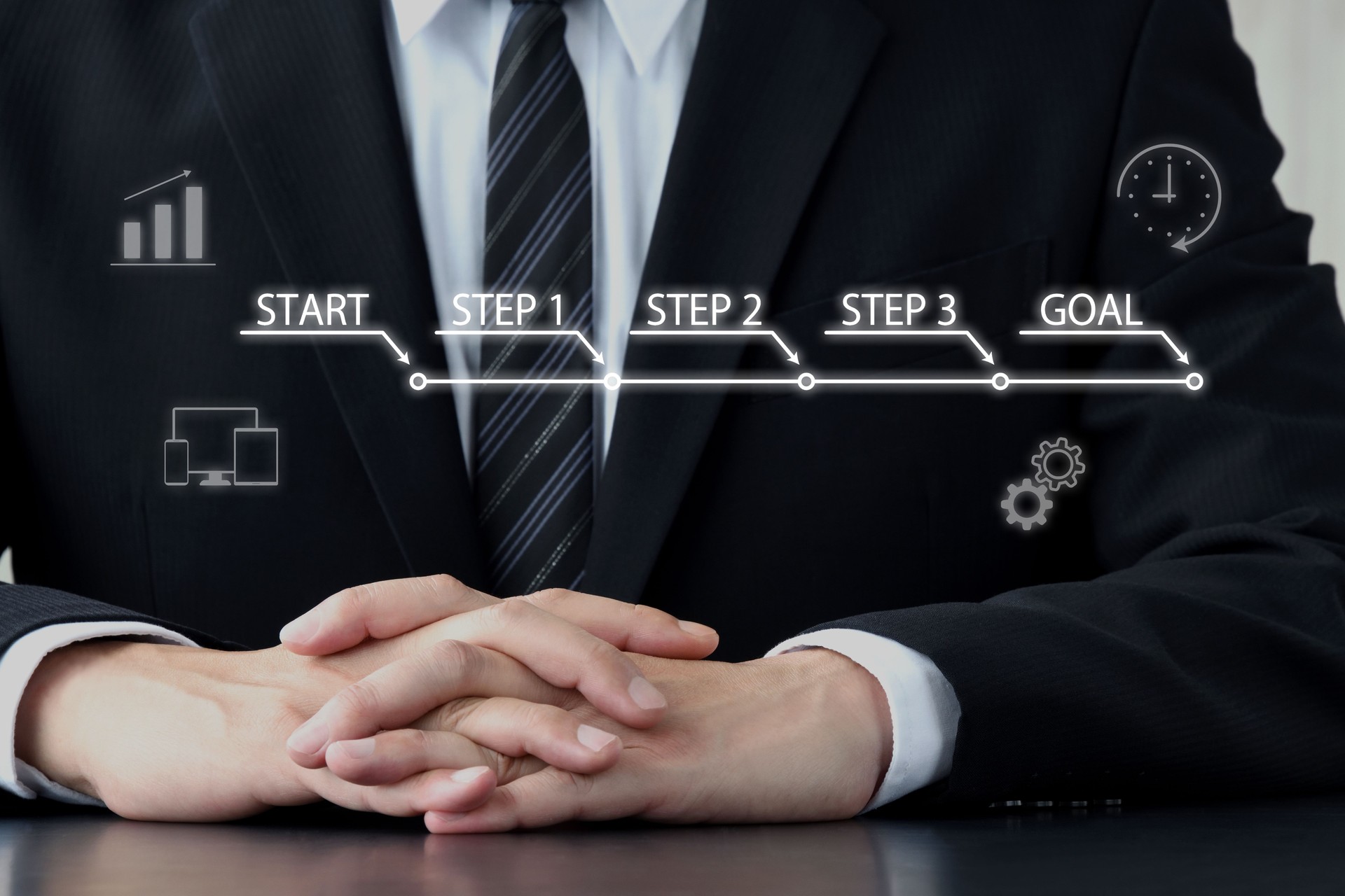 Image of a businessman thinking about the workflow from start to finish